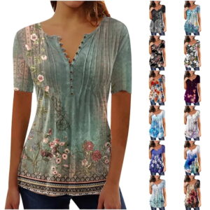 YOTAMI Tops para Mujer Liquidación por Menos de $ 5 Blusas con Estampado Floral de Verano Elegantes y Casuales con Botones Plisados y Cuello en V Tops Tipo Túnica de Manga Corta Ropa de Talla Grande Verde