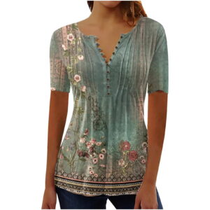 YOTAMI Tops para Mujer Liquidación por Menos de $ 5 Blusas con Estampado Floral de Verano Elegantes y Casuales con Botones Plisados y Cuello en V Tops Tipo Túnica de Manga Corta Ropa de Talla Grande Verde - Image 3